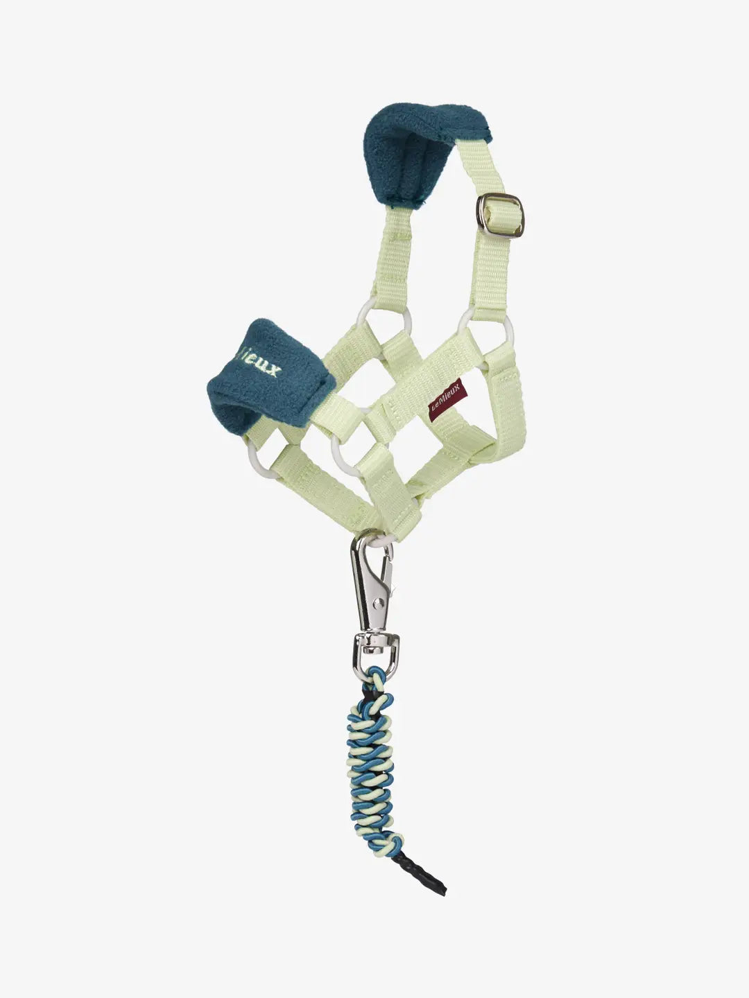 Side view of the Toy Pony Vogue Headcollar & Leadrope in green and blue on a white background