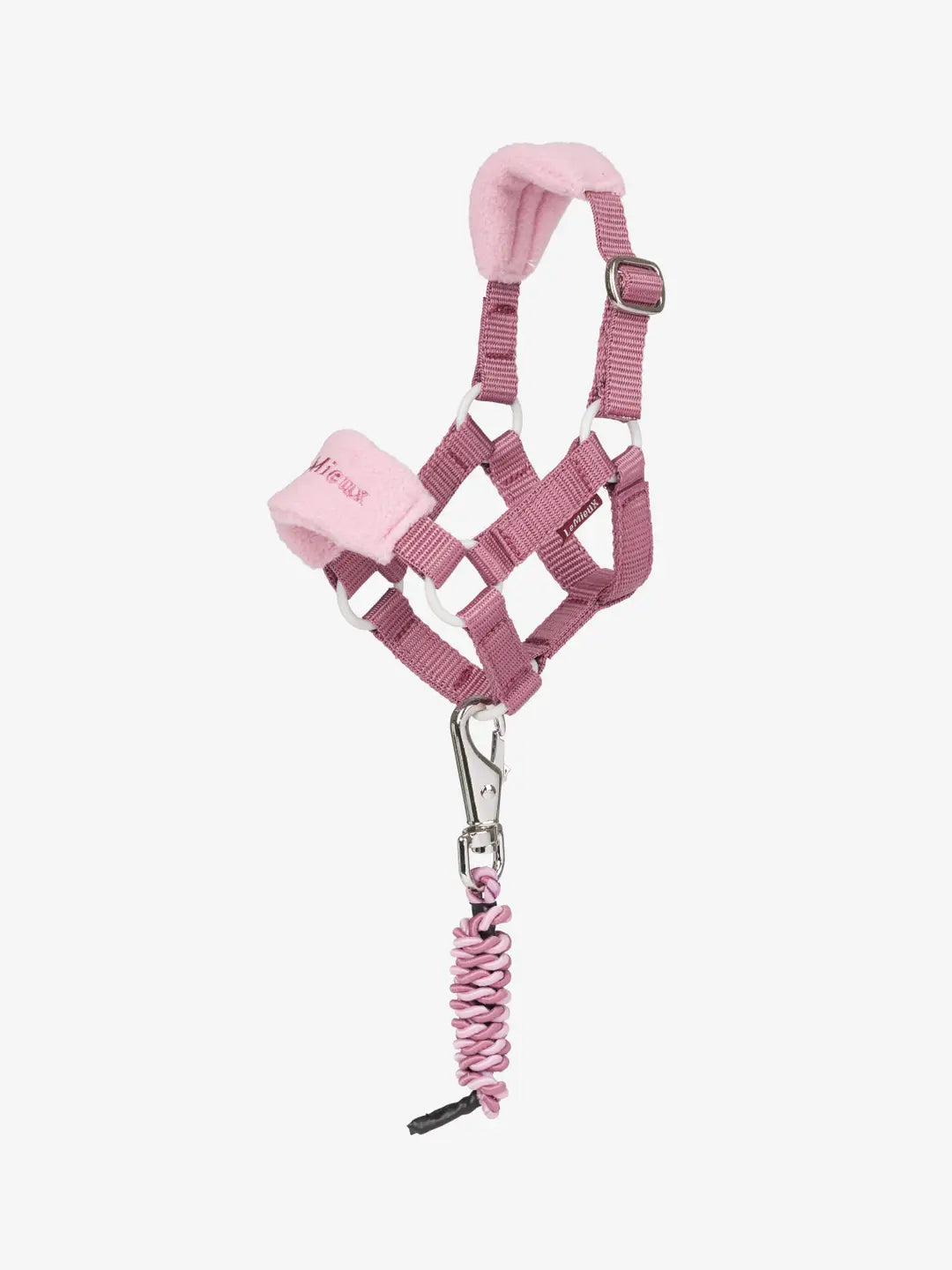 Side view of the Toy Pony Vogue Headcollar & Leadrope in pink on a white background