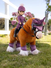 Front view of a toy rider wearing the mallow LeMieux Toy Rider Outfit while riding a toy pony