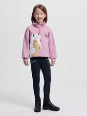 Front view of child model wearing a LeMieux Mini Quinn Quarter Zip Sweatshirt in a pink color with horse head design
