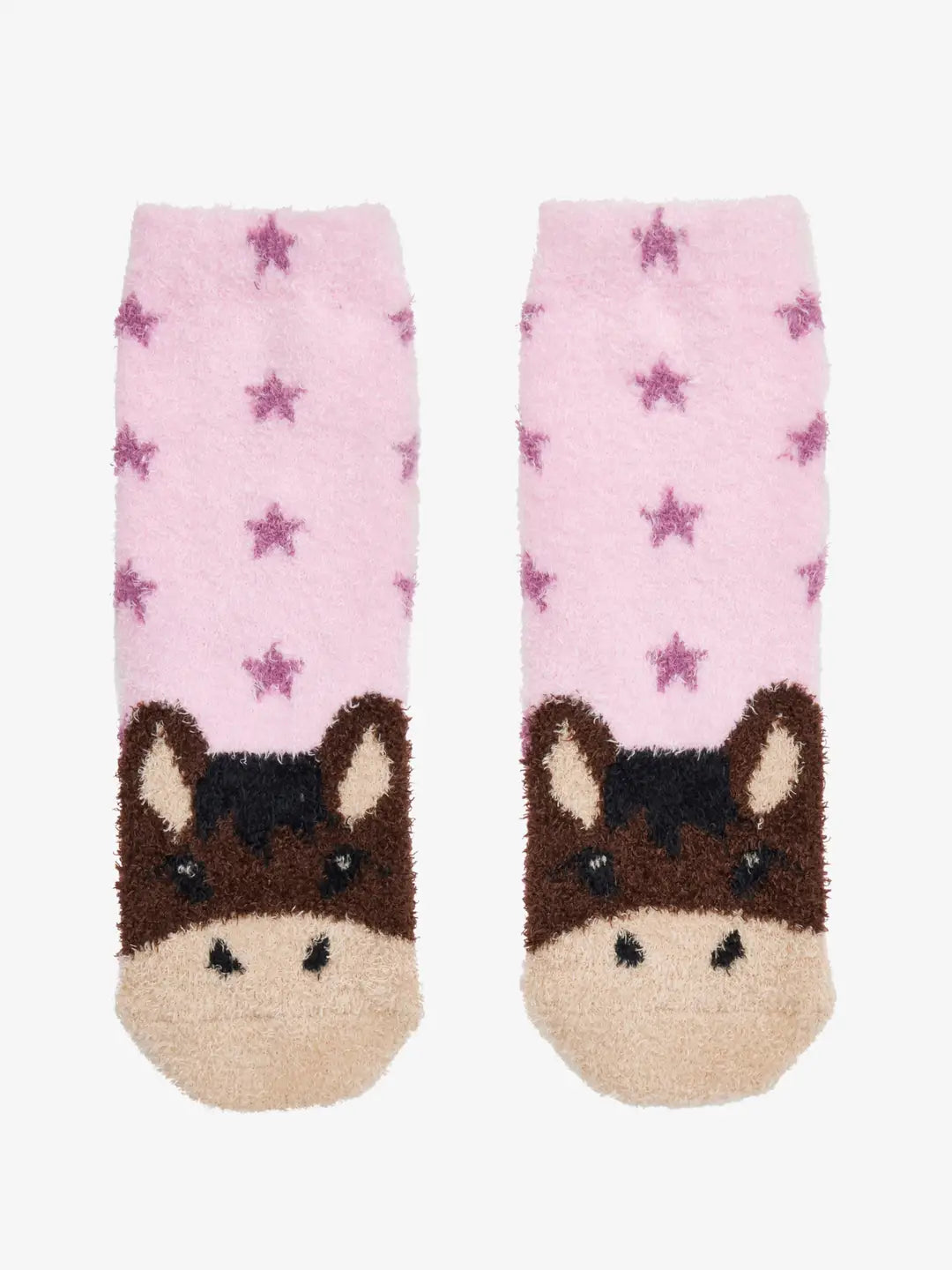 Front view of a pair of pink stars with brown horse head LeMieux Mini Fluffy Character Socks on a white background