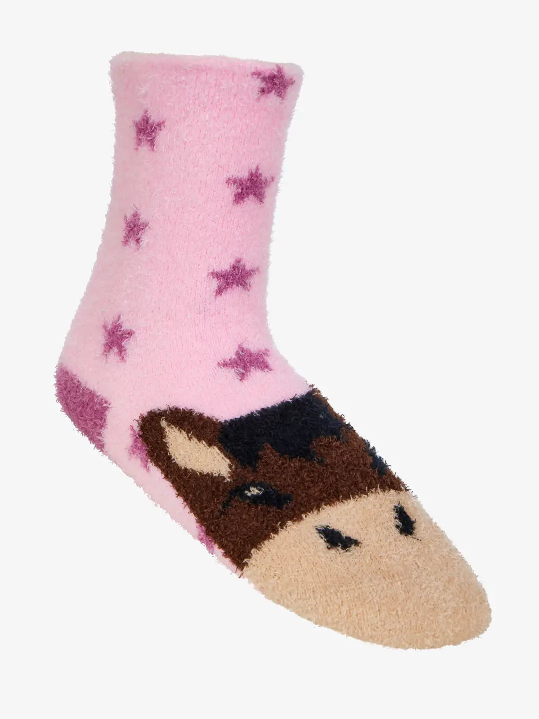 Side view of a pink stars with brown horse head LeMieux Mini Fluffy Character Sock on a white background