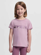Front view of a young female model wearing the fondant LeMieux Mini Alex T-Shirt on a plain background