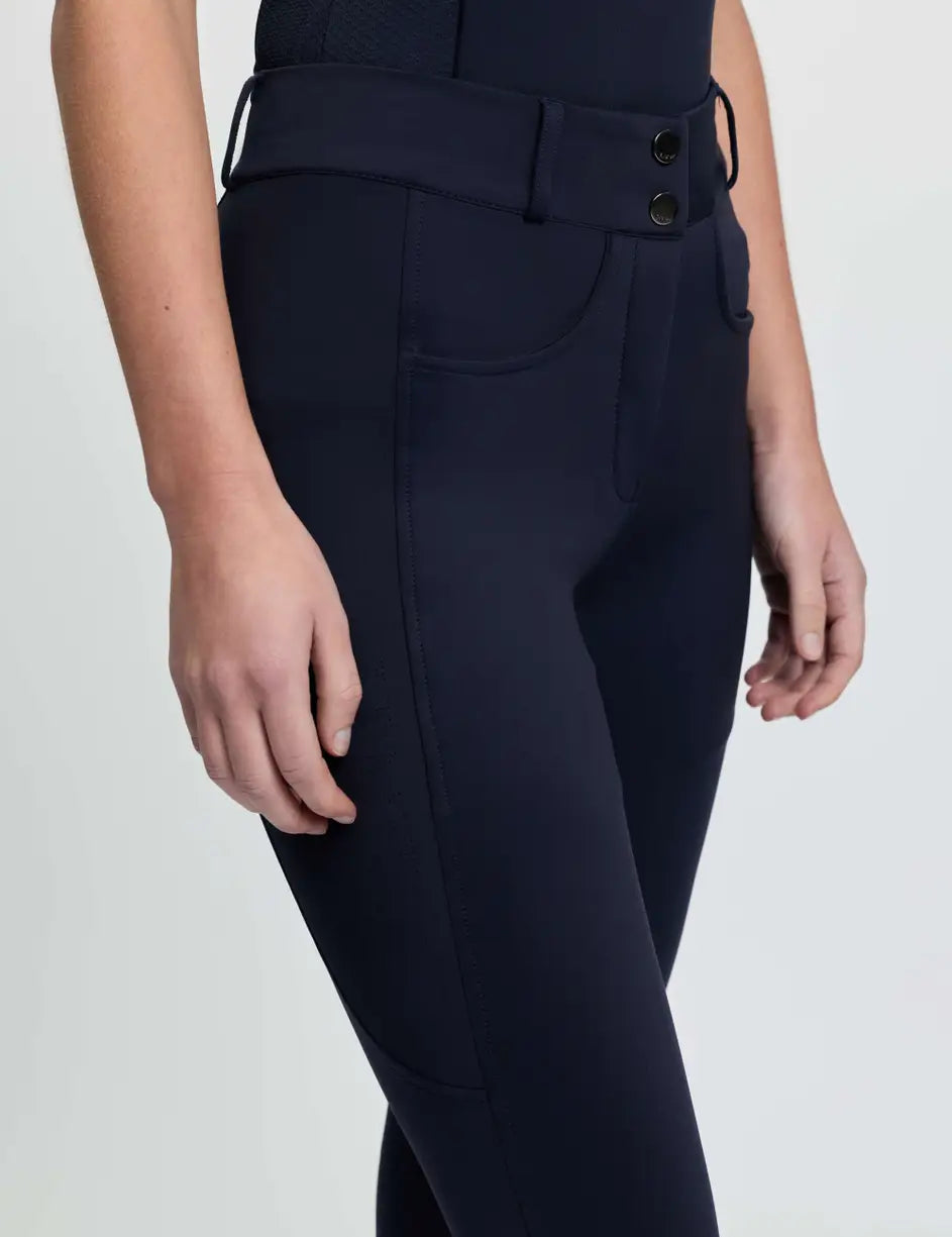 LeMieux Cami Sculpt Full Seat Breeches in navy showing waistband and pocket detail