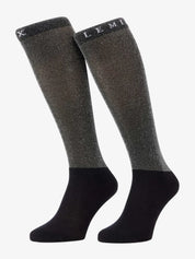 Side view of a pair of black LeMieux Brilliance Competition Sock on a white background