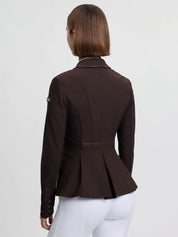 Back view of a female model wearing the brown LeMieux Brilliance Diana Show Jacket on a plain background