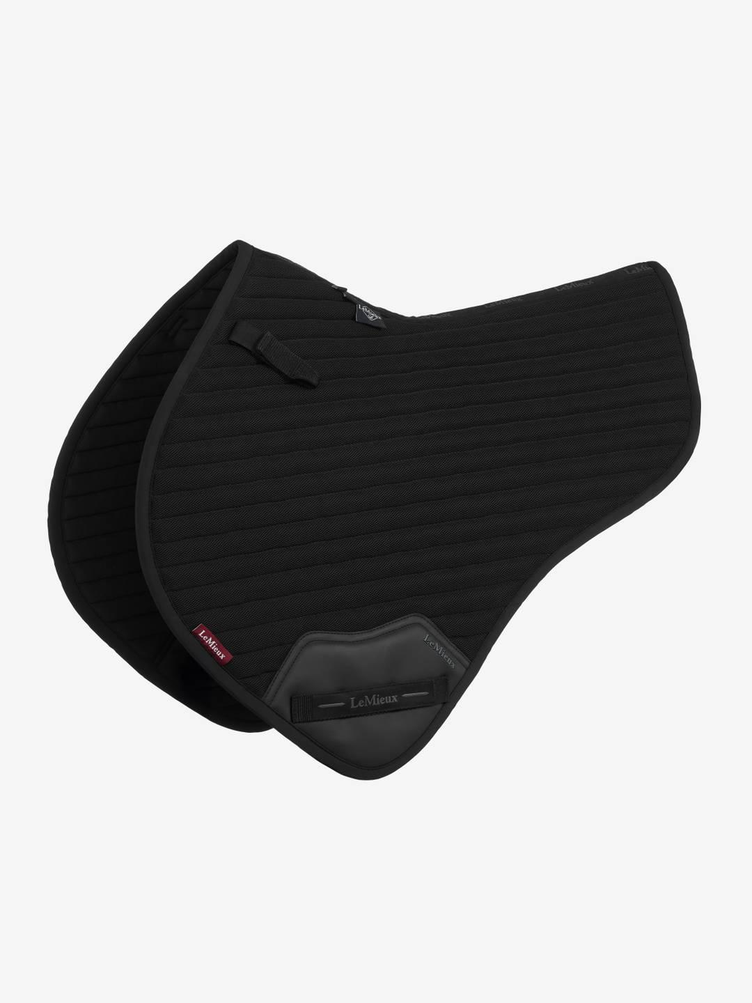 Side view of the black LeMieux Air-Tek Mesh Half Square Pad on a white background