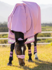 Brown horse grazing in a field wearing the LeMieux Arika Ripstop 0G Turnout Rug in Fondant