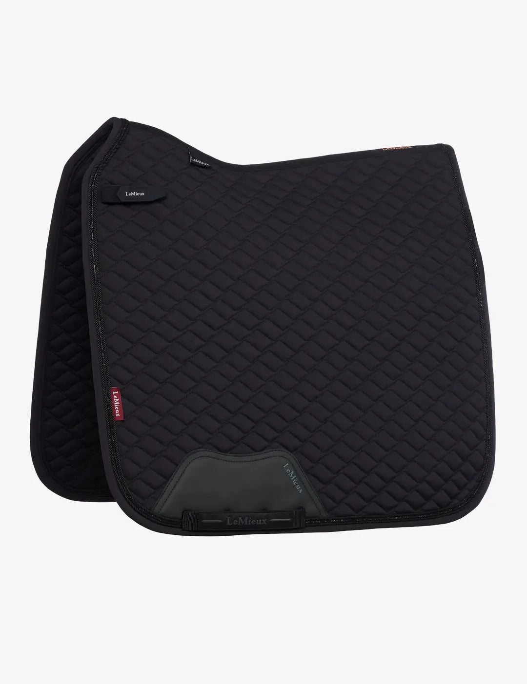 Side view of the black LeMieux Brilliance Dressage Square on a white background