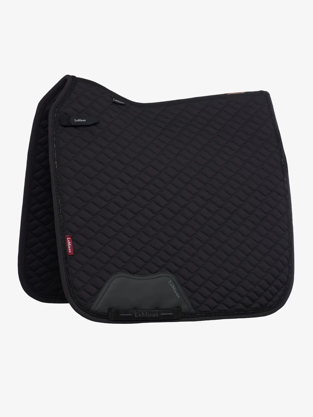 Side view of the black LeMieux Brilliance Dressage Square on a white background