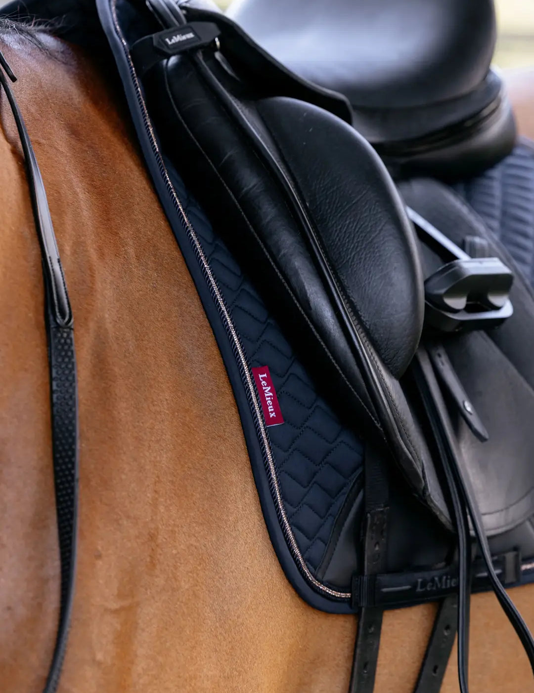 Close up view of the quilting and piping detail on the navy LeMieux Brilliance Dressage Square, worn by a horse