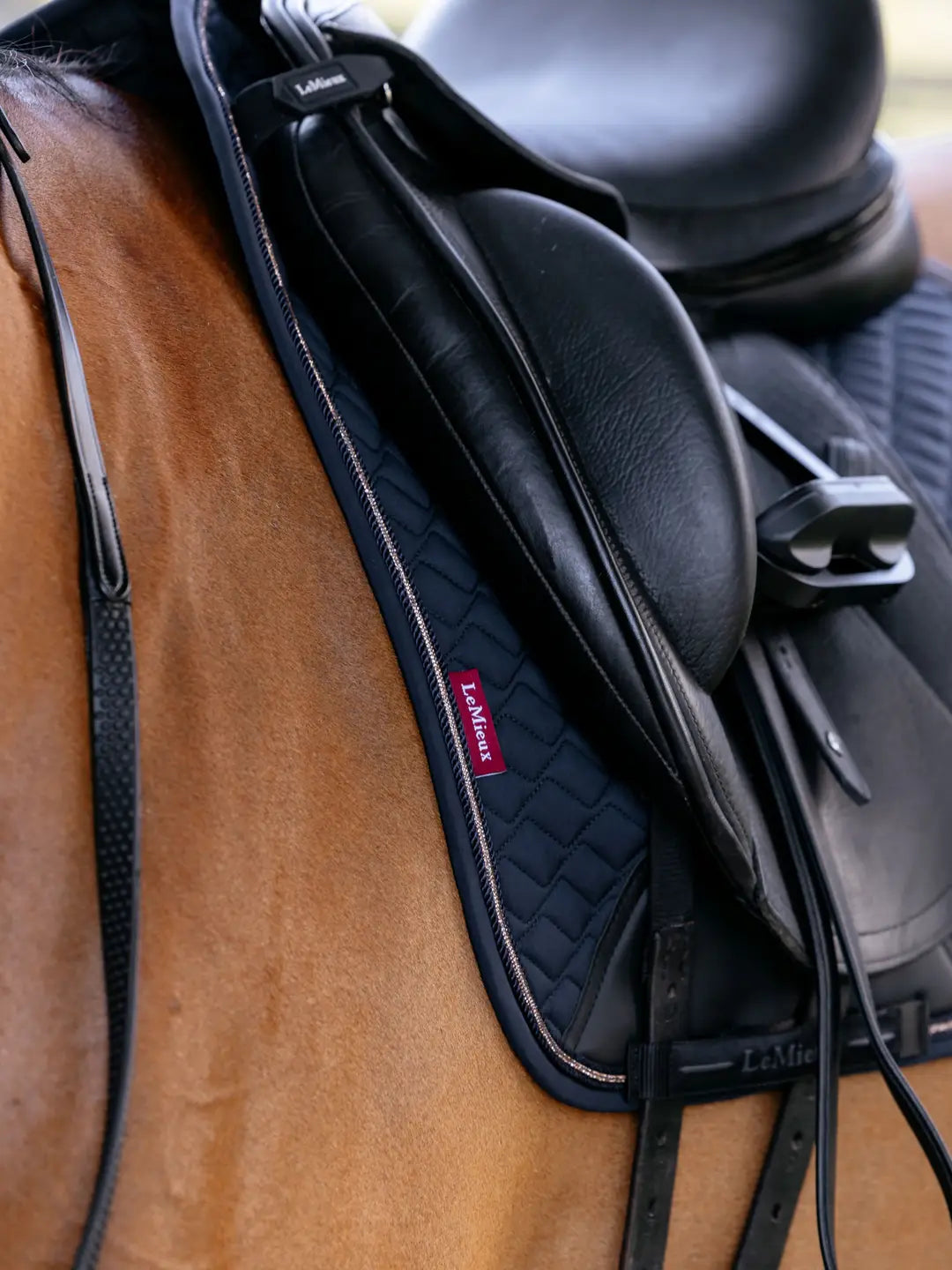 Close up view of the quilting and piping detail on the navy LeMieux Brilliance Dressage Square, worn by a horse