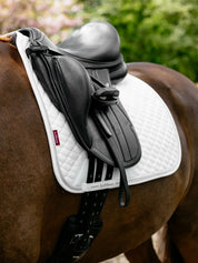 Angled front view of a dark colored horse wearing the white LeMieux Brilliance Dressage Square under a black saddle