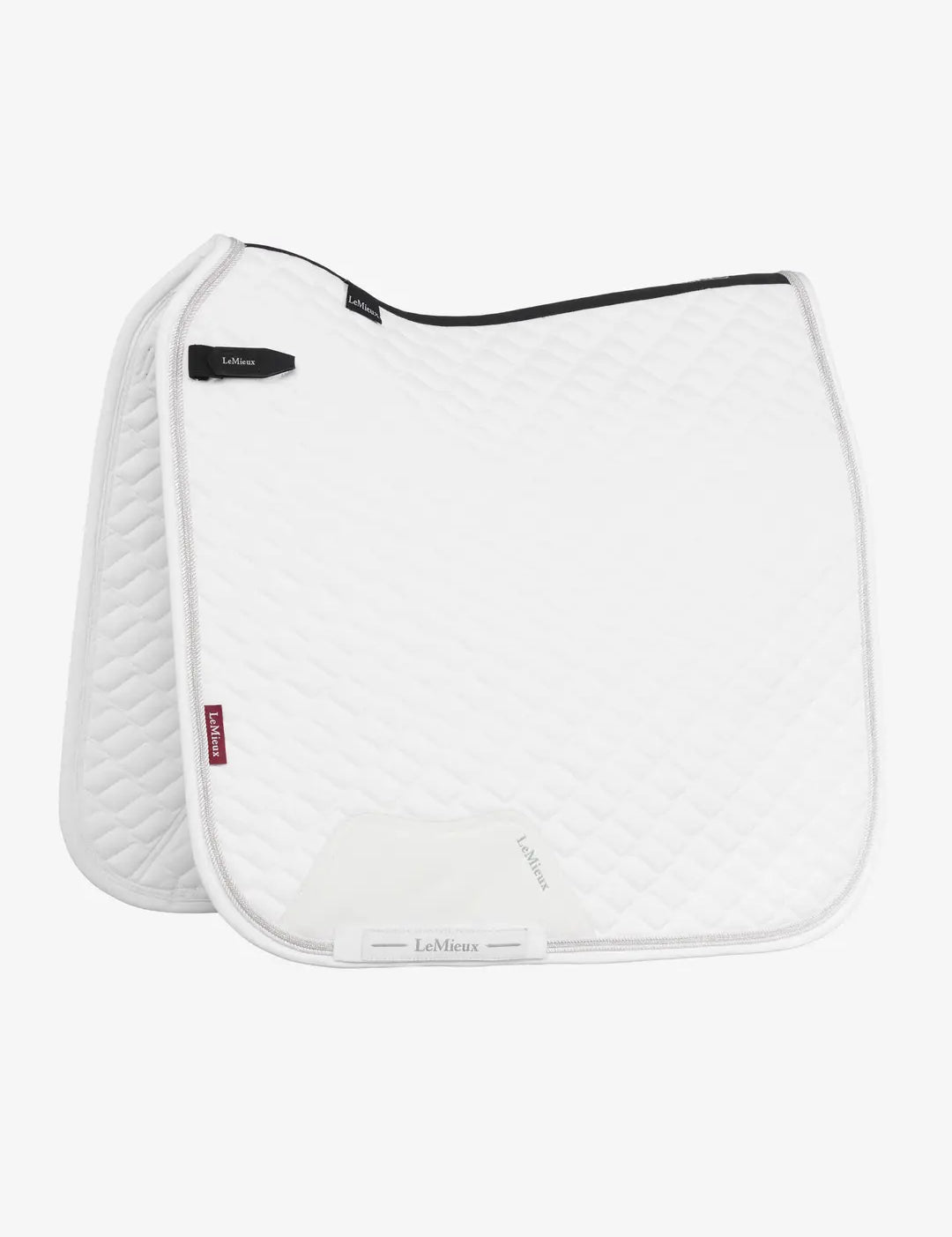 Side view of the white LeMieux Brilliance Dressage Square on a white background