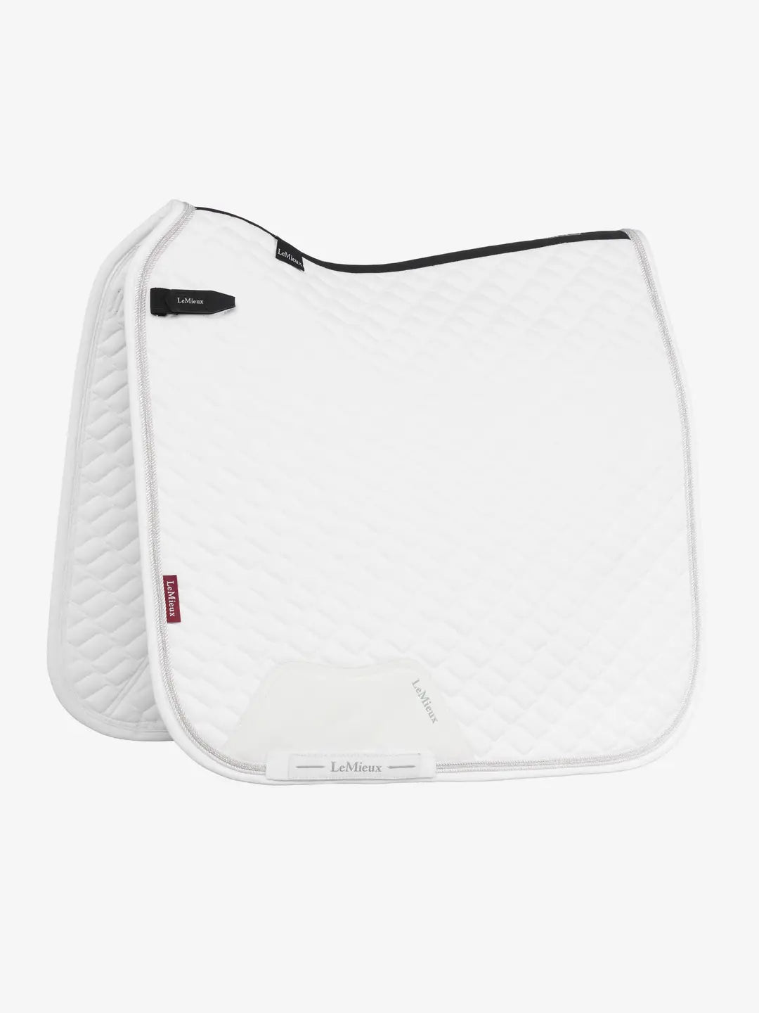 Side view of the white LeMieux Brilliance Dressage Square on a white background