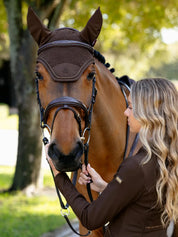Front view of a bay horse wearing the brown LeMieux Brilliance Fly Hood while standing next to a female model