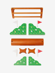 Full view of the individual components of the LeMieux Toy Pony XC Jump Set on a white background