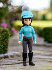 Front view of the blue Florence LeMieux Toy Rider standing outside