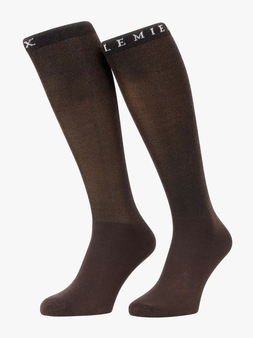 Side view of a pair of brown LeMieux Brilliance Competition Sock on a white background