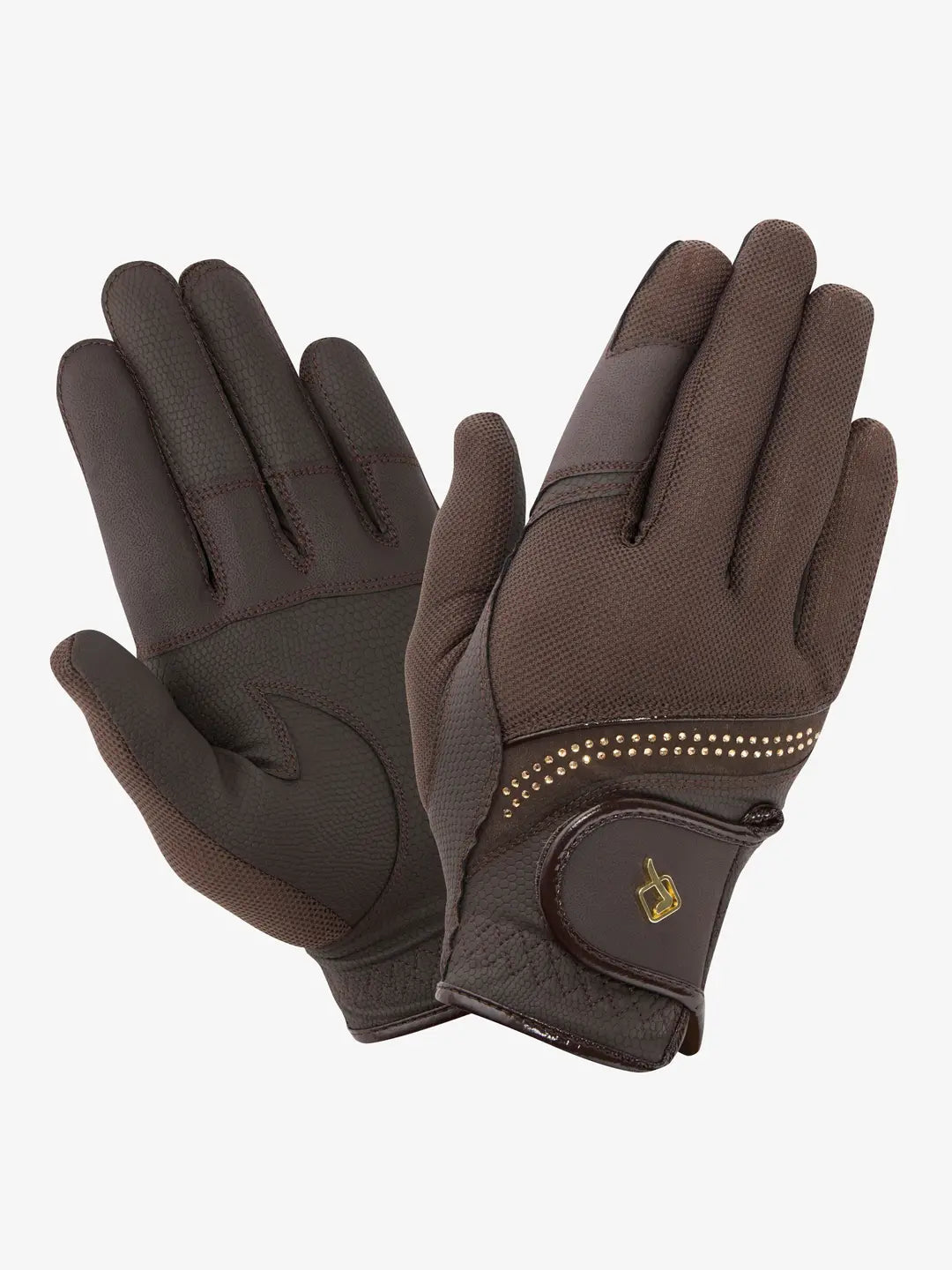 Pair of LeMieux Crystal Gloves in brown on white background