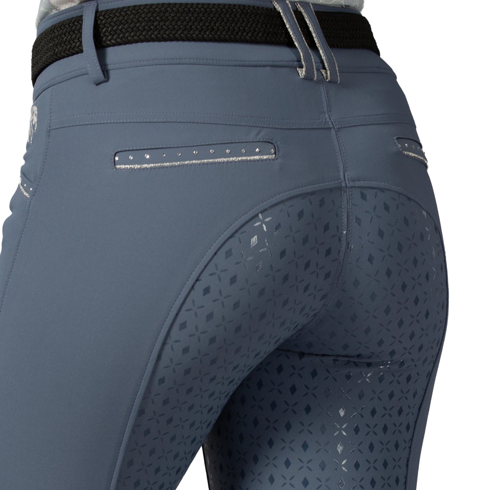 Close-up back view of the blue Equinavia Victoria Full Seat Breeches on a white background