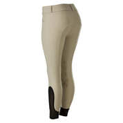 Angled back view of a model wearing the tan Equinavia Maud Knee Patch Breeches on a white background