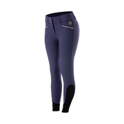 Angled front view of the blue Equinavia Kristina Knee Patch Breeches on a white background