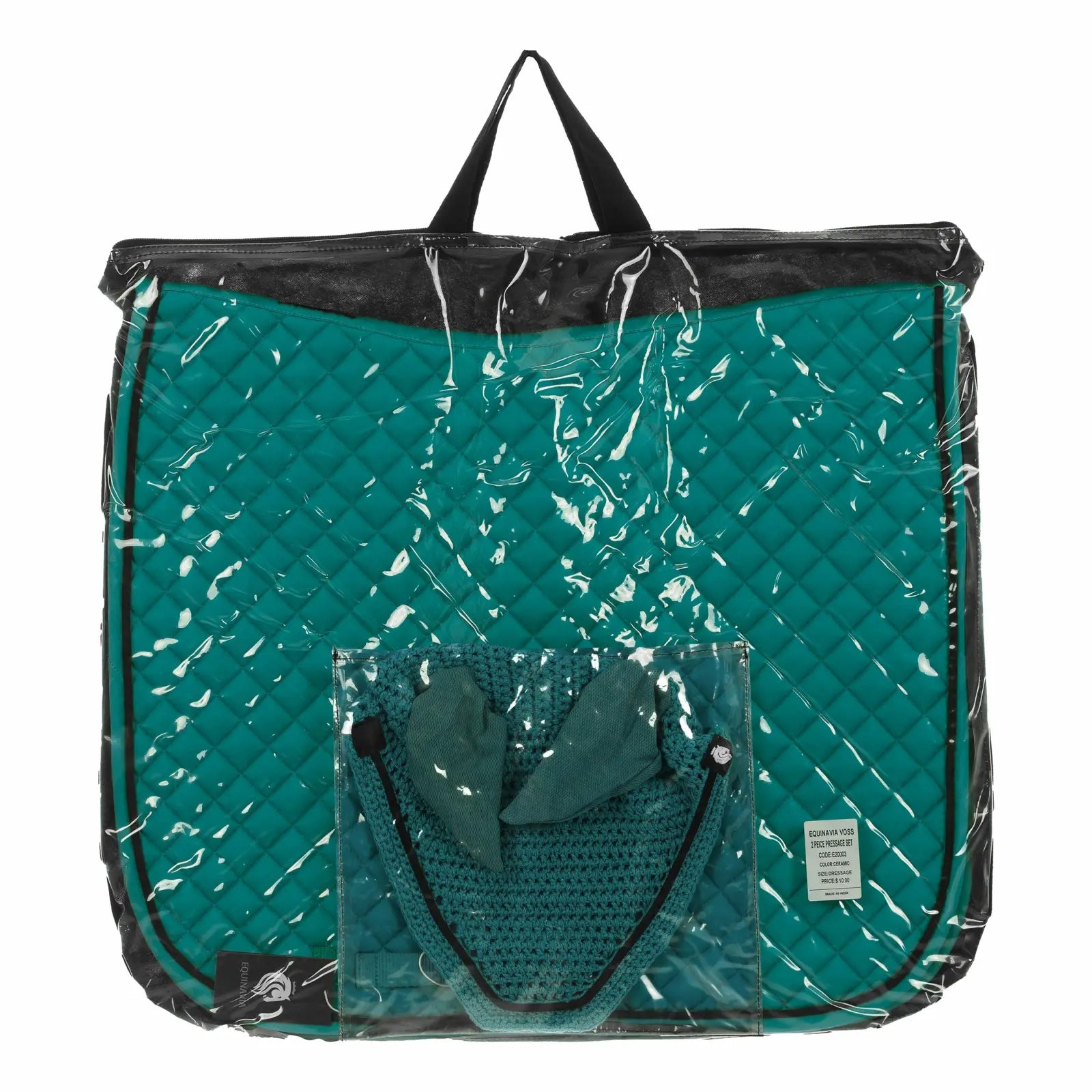 Side view of the turquoise Equinavia Voss Dressage Saddle Pad and Bonnet Set in clear storage bag on a white background