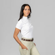 Angled front view of a model wearing Dark Brown/Flowers Equinavia Adeline Beaded Belt on plain background