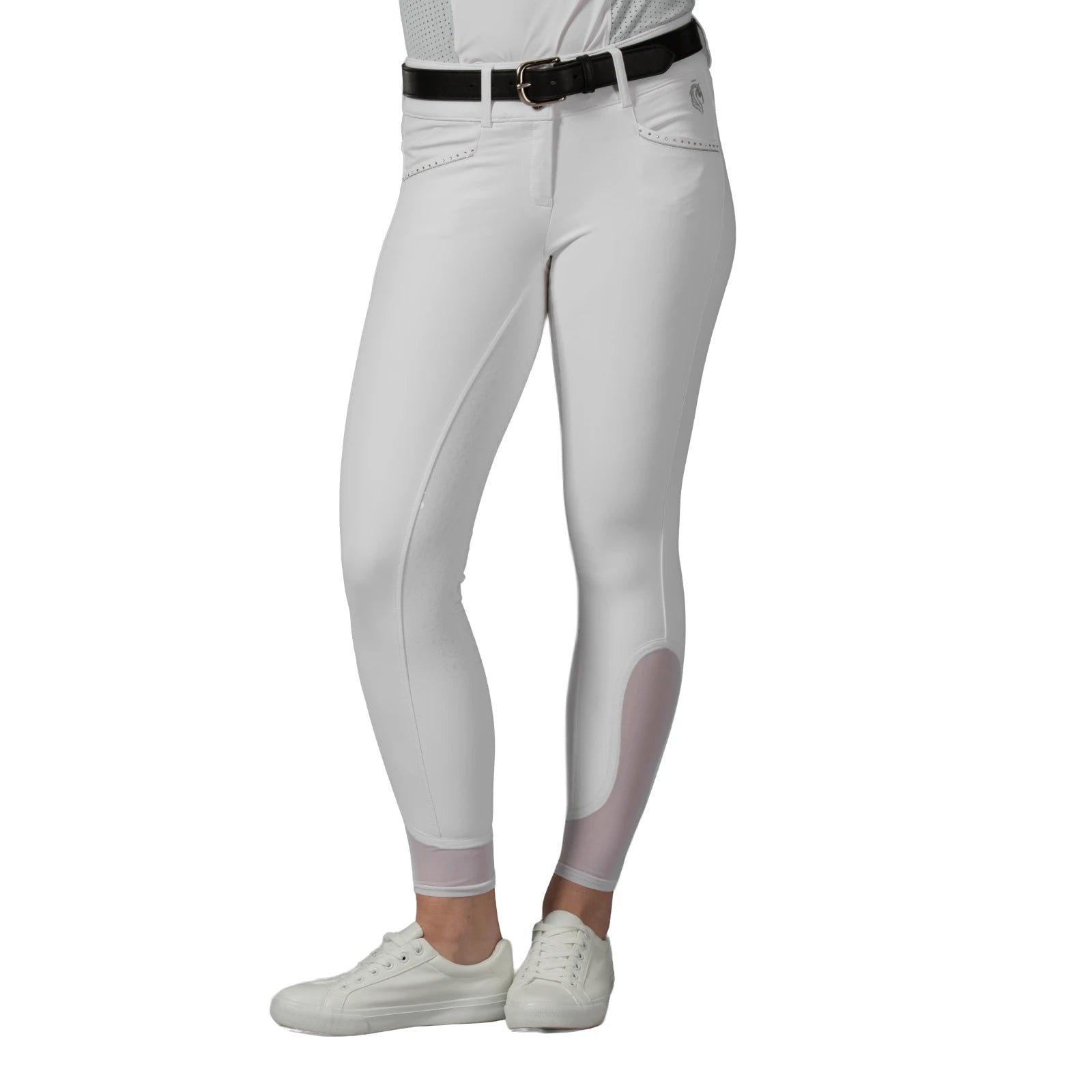 Front view of a model wearing the white Equinavia Victoria Full Seat Breeches on a white background