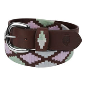 Front view of a rolled up purple and green, brown-leather Equinavia Siri Polo Belt on a white background