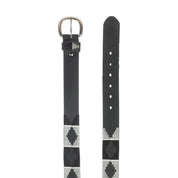Top view of the buckle and tail end of the black and gray black-leather Equinavia Siri Polo Belt on a white background