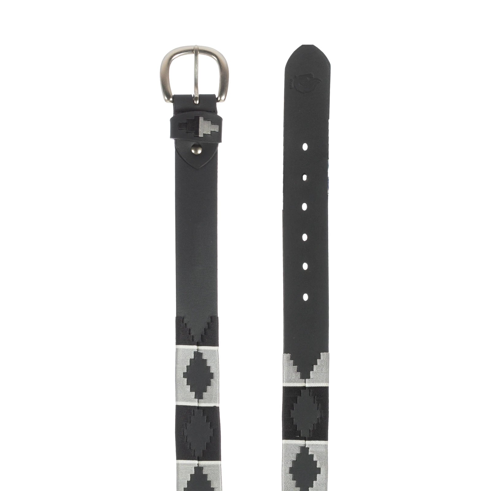 Top view of the buckle and tail end of the black and gray black-leather Equinavia Siri Polo Belt on a white background