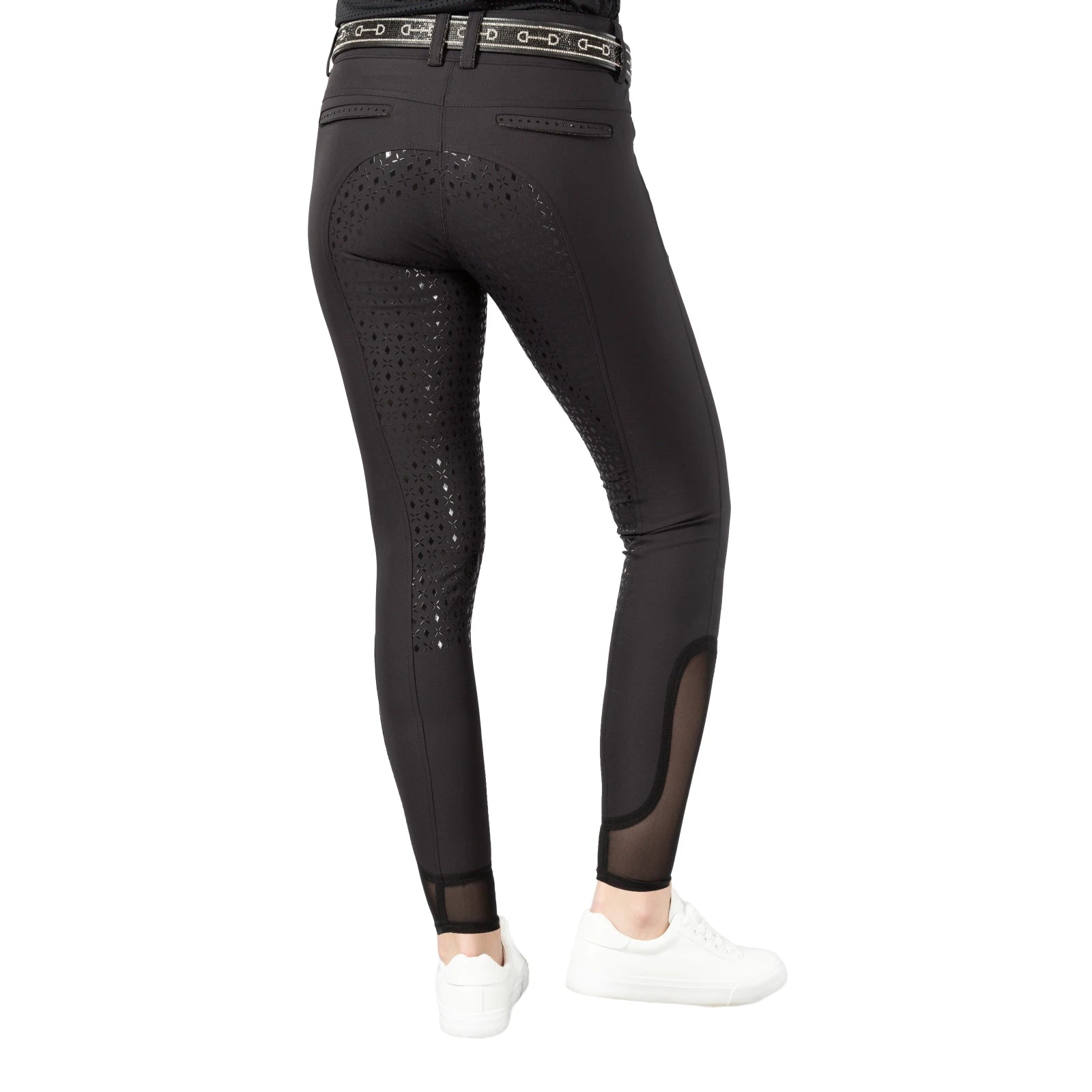 Back view of a model wearing the black Equinavia Victoria Full Seat Breeches on a white background