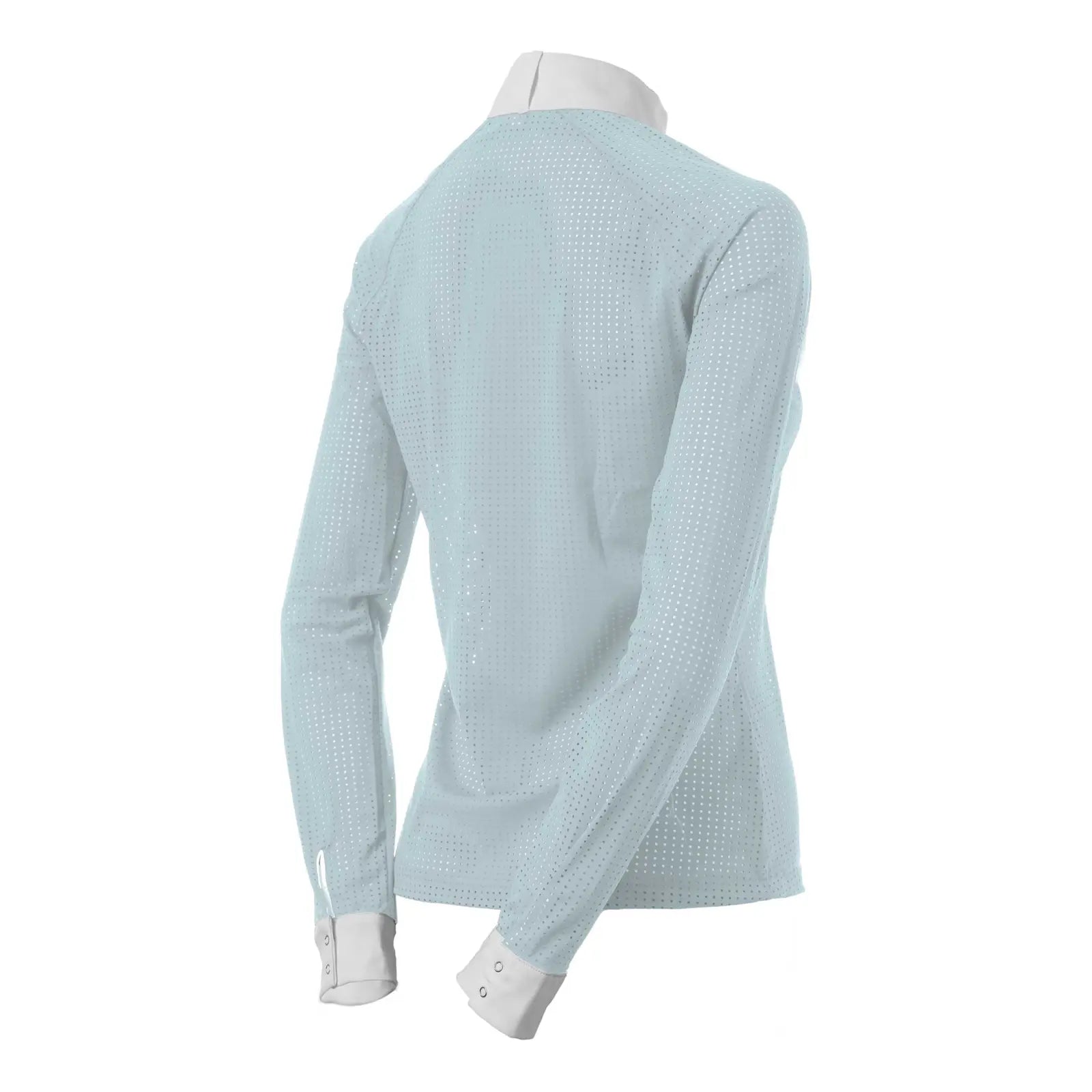 Angled back view of the Equinavia Sara Womens Perforated Long Sleeved Show Shirt in light blue and white on a white background