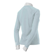 Angled back view of the Equinavia Sara Womens Perforated Long Sleeved Show Shirt in light blue and white on a white background