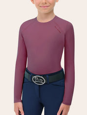 Close-up front view of a young model wearing the purpley red RJ Classics Jordyn Jr. Crewneck Shirt on a white background