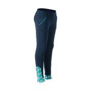 Angled front view of the navy Equinavia Lena Kids Knee Patch Pull On Breeches on a white background