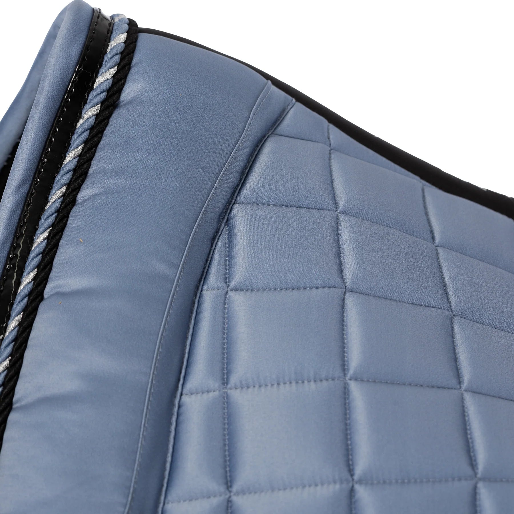 Side closeup view of Dusk Blue Equinavia Copenhagen Stay Put Dressage Saddle Pad on a white background