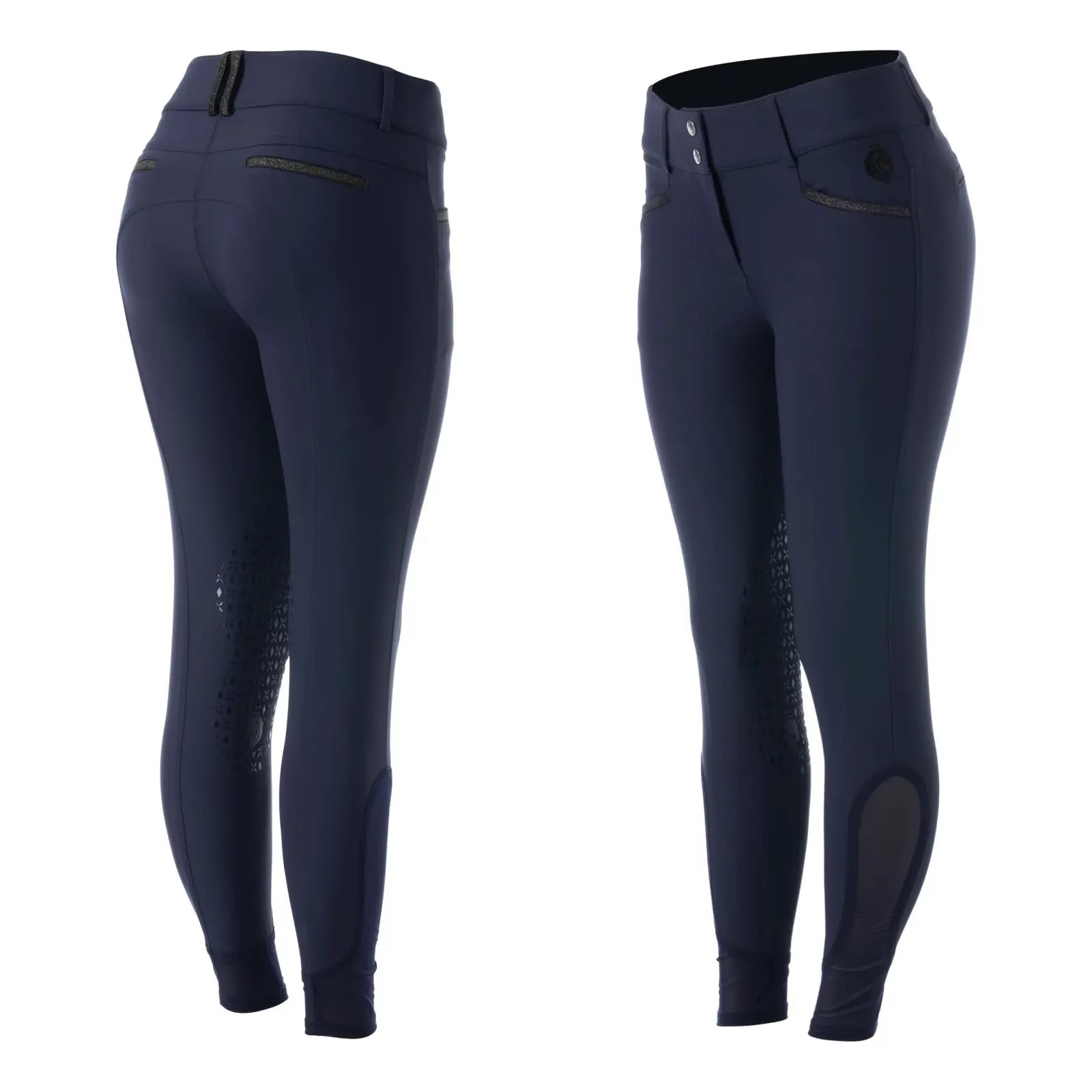 Back and front views of the navy Equinavia Kristina Knee Patch Breeches on a white background