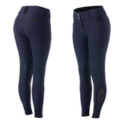 Back and front views of the navy Equinavia Kristina Knee Patch Breeches on a white background