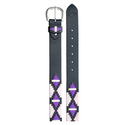 Top view of the buckle and tail end of the purple, pink, and white black-leather Equinavia Siri Polo Belt on a white background