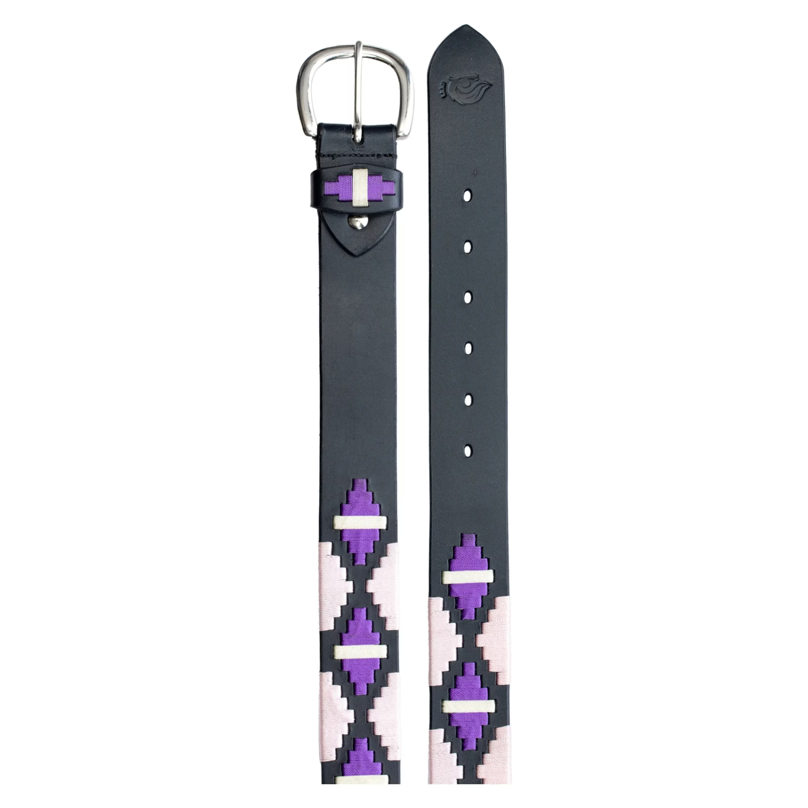 Top view of the buckle and tail end of the purple, pink, and white black-leather Equinavia Siri Polo Belt on a white background