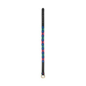 Full view of the red, green, and blue black-leather Equinavia Siri Polo Belt on a white background