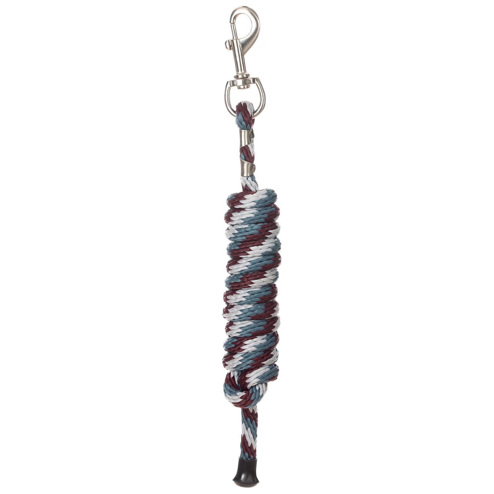 Full view of the wine red, blue. and silver Equinavia Stella Poly Snap Lead Rope on a white background