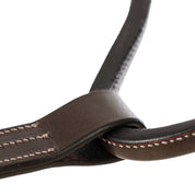Close-up view of the rolled throat latch on the Equinavia Valkyrie Triple Stitched Halter on a white background