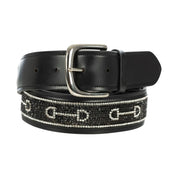 View of the black Equinavia Erika Crystal Bit Belt on a white background