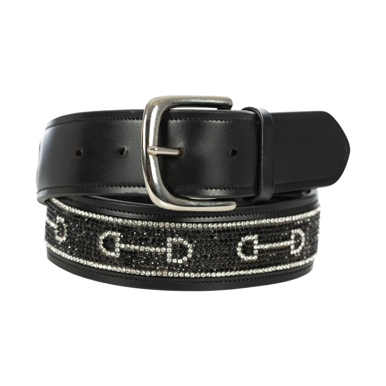 View of the black Equinavia Erika Crystal Bit Belt on a white background