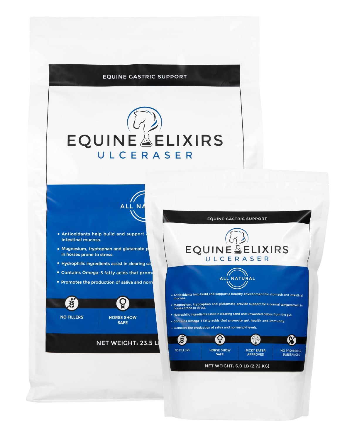 Front views of the small and large bags of Equine Elixirs Ulceraser on a white background