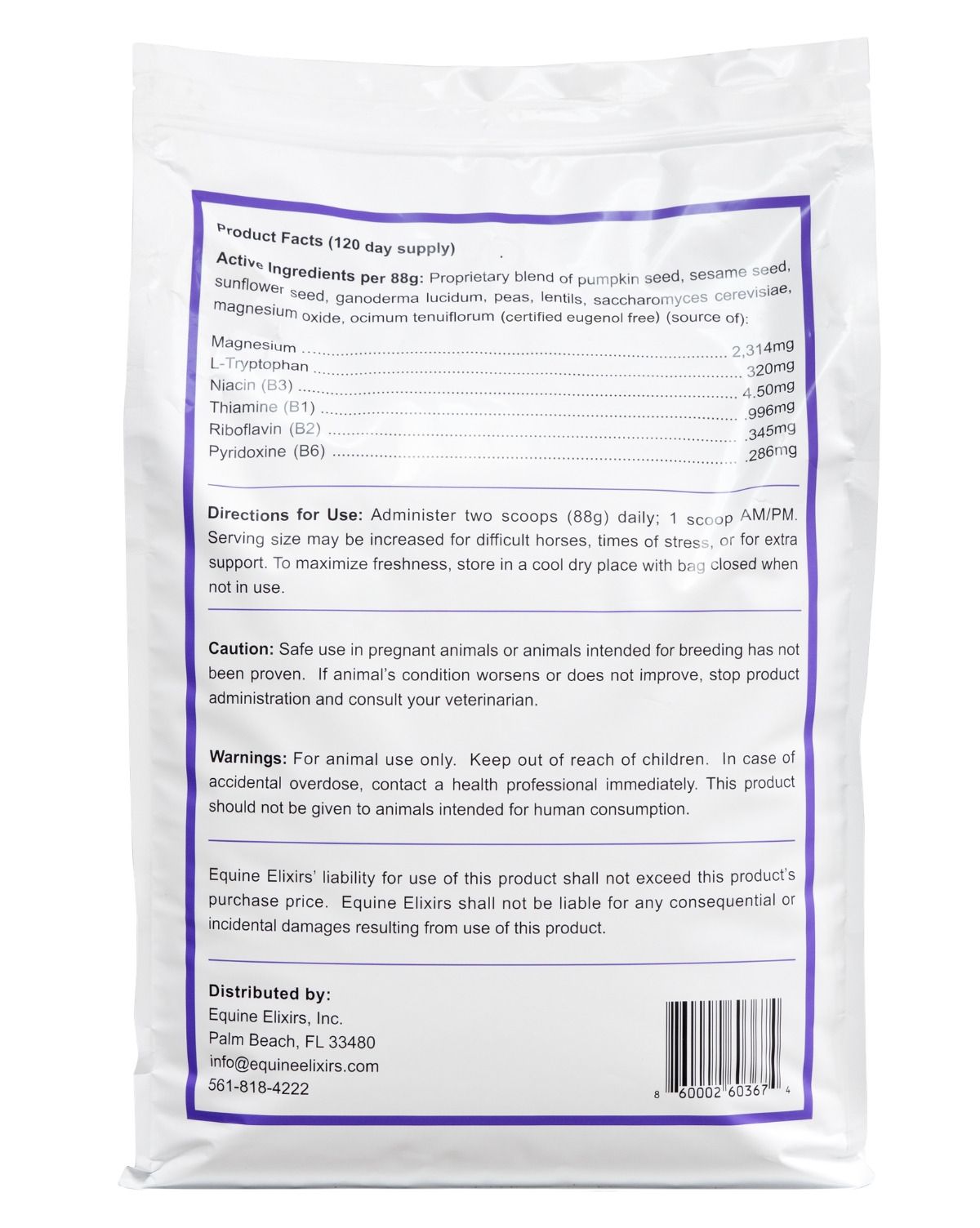 Back view of the large bag of Equine Elixirs Calmakazi on a white background